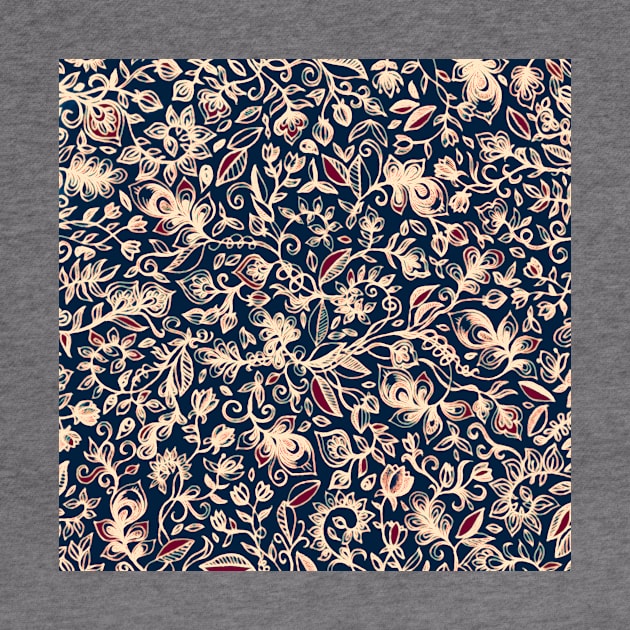 Navy Garden - floral doodle pattern in cream, dark red & blue by micklyn